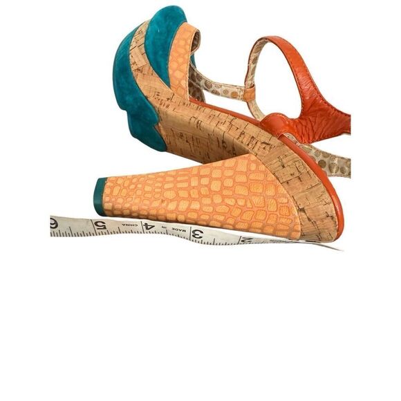 Poetic License London Orange Teal Peep Toe T-Strap Summer Fling Heels 8 - Picture 12 of 13